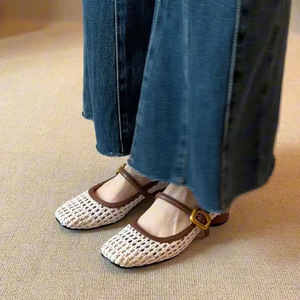 Zapatos Mary Jane Vintage de Punta Cuadrada con Diseño Tejido y Hueco para Mujer, Sandalias de Una Sola Tira con Tacón Grueso y Boca Baja, de PU Suave para Verano y Otoño - Product Image 2