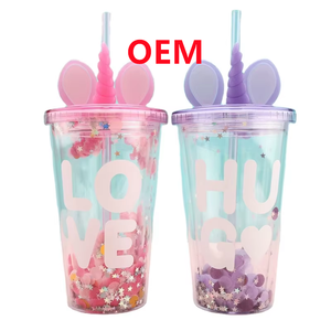 Taza de doble pared PP personalizada con pajita OEM 450mL taza de plástico hecha de alta calidad Linda taza de agua de unicornio - Product Image 1