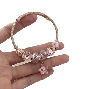 Pulseras de Acero Inoxidable con Flores de Esmalte Rosa para Mujeres y Niñas, <span class=keywords><strong>Pulsera</strong></span> de Cuentas, Regalos de Joyería DIY - Product Image 5