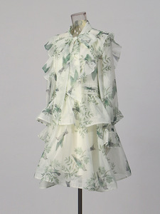 <span class=keywords><strong>Abito</strong></span> Primaverile 2026 Stile Mori Girl Retrò con Cintura, <span class=keywords><strong>Maniche</strong></span> <span class=keywords><strong>Lunghe</strong></span> per Donne, Motivo Floreale e Uccelli Azzurri, Gonna Corta con Bordo Arricciato - Product Image 3