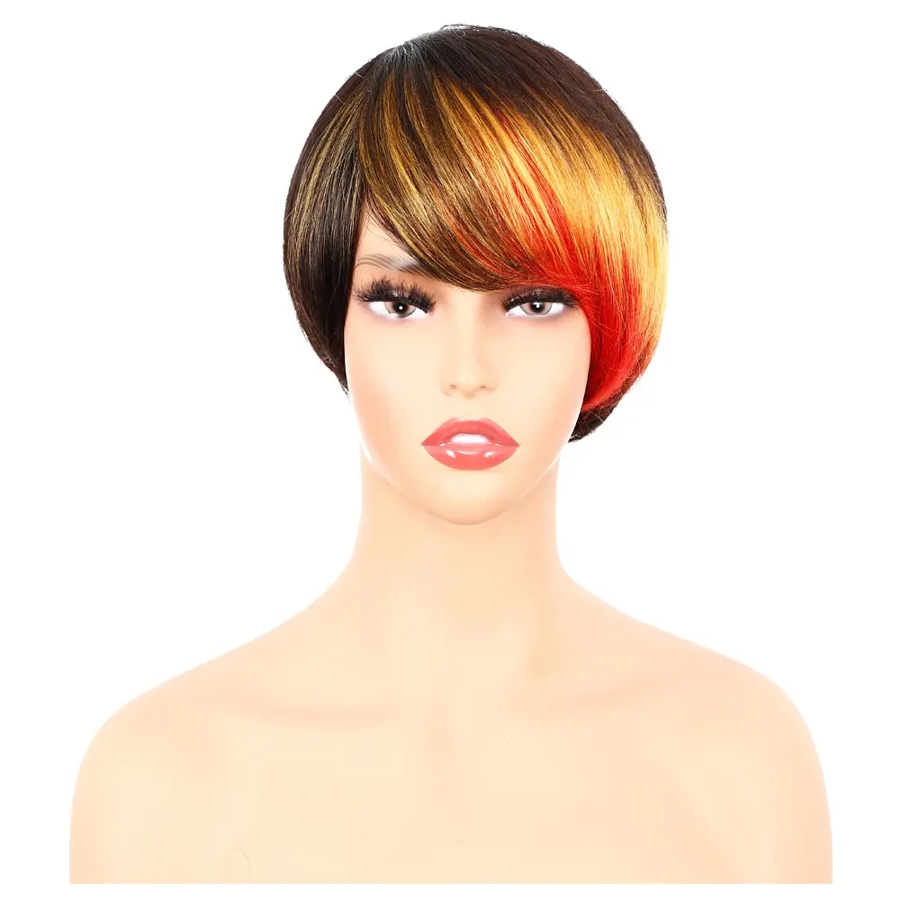 Peruca de extensão de cabelo curto brasileiro, nova moda 100% real corte pixie vermelho misturado
