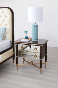 American Light Luxury <strong>Mirrored</strong> <strong>Nightstand</strong> with 2 Drawers Gold Inlay Solid Wood Bedside Table - Product Image 3