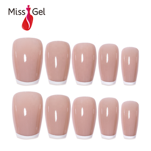 32 pièces Faux Ongles à Presser en ABS, Forme Trapèze Nude Taupe, Micro French Blanc, Carré Effilé, Vente en Gros - Product Image 1