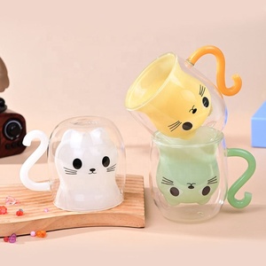 Niedliche Orange-Weiß-Grün-Blaue Farbige Kaffeetassen Cartoon-Katze Doppelwandige Milch-Wasser Borosilikatglas Trinkbecher Mit Henkel - Product Image 1