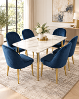 Table à manger rectangulaire moderne de luxe écologique Rikkasi CYY-001 avec plateau en marbre naturel, 6 places, finition or champagne en acier inoxydable