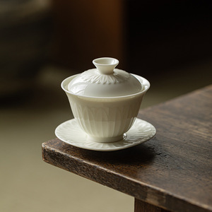 Juego de Té Kung Fu Guanlan de Cerámica Esmaltada Blanca con Diseño de Pétalos de Loto, Gaiwan de 3 Piezas, Taza con Tapa, Gran Capacidad, para el Hogar - Product Image 1
