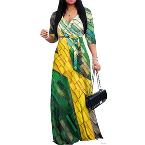 Hermosos vestidos de diseño jamaicano para damas Casual A-Line Slim Fit cuello en V 3/4 manga lazo cintura cinturón vestido vestidos de fiesta para mujeres - Product Image 1