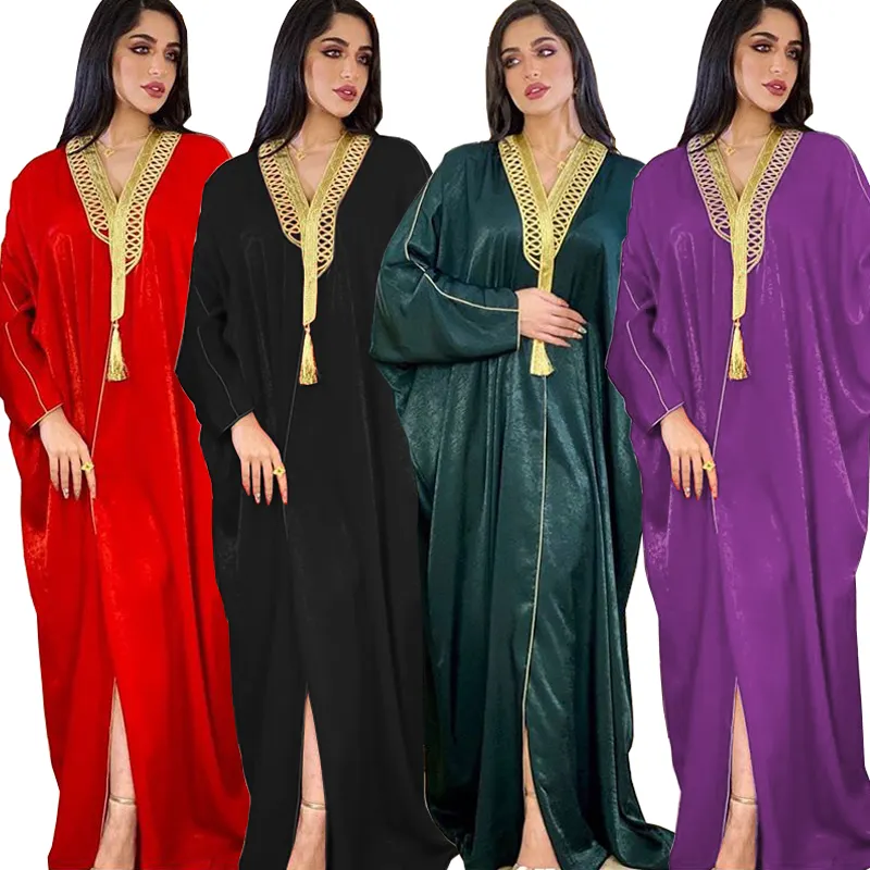 Марокканский кафтан Дубай открытая абайя платье для женщин Золотая лента рукав летучая мышь Арабская мусульманская Турецкая одежда Франция бархат