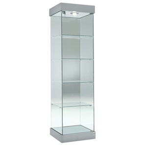 Vitrina de Vidrio Templado 53x46x188cm Gris Claro con Puerta Abatible con Cerradura, 4 Estantes, Luz Halógena Superior y Base Oculta - Product Image 1