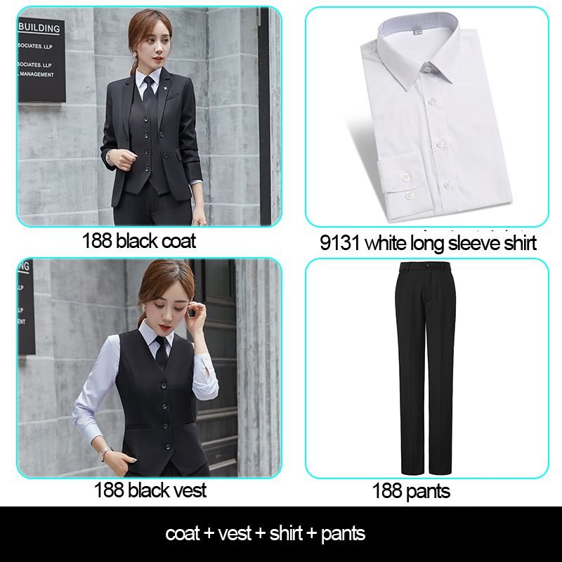 women's black coat+pants+vest+white shirt