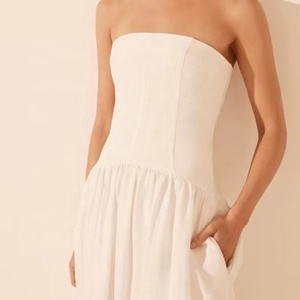 High Quality <strong>Linen</strong> Blend Fabric Dress Fitted With Panels Corset Strapless Women's Dress Pleated <strong>Maxi</strong> <strong>Skirts</strong> Side Pockets - Product Image 6