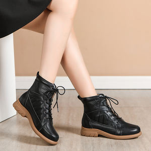 Botas de Piel para Mujer, Otoño-Invierno, con Cordones, Tacón Medio, Suela Suave, Cómodas, Altura Media, Casuales, Talla Grande - Product Image 4