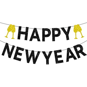 Happy New Year <b>Banner</b> Black & Gold New Year's Eve Party Bunting Sparkling Hanging Garland - Product Image 6