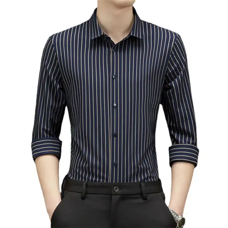 Camicia elegante in raso di seta da uomo con stampa a maniche lunghe con risvolto top Camisa Masculina Office Social Business camicie da uomo