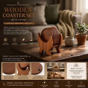 Natural <b>Wooden</b> Coaster Set Round Handmade Wood Drink <b>Mats</b> with Holder Eco Friendly Reusable <b>Table</b> Decor Home Use Premium Round - Product Image 1