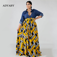 Robe longue décontractée pour femme grande taille, col en V, imprimé géométrique, coupe trapèze, taille naturelle, vente en gros OEM ODM