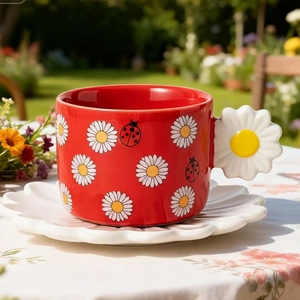 Tazza da caffè e piattino in ceramica unica <span class=keywords><strong>margherita</strong></span> e coccinella per un tocco di natura ed eleganza nella tua Routine quotidiana - Product Image 1