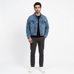 Eco Friendly Vintage <b>Mens</b> <b>Denim</b> <b>Jacket</b> Stand Collar Hooded Design Windproof Feature Made Sustainable Cotton Low Impact Front - Product Image 1