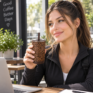 Tazza da Viaggio 14oz con Stampa Leopardata, Doppia Parete in Acciaio Inox 304, Isolamento Sottovuoto, Coperchio Antigoccia e Cannuccia, Colore/Logo Personalizzabile - Product Image 1