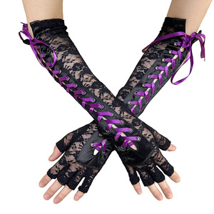Gants longs pour femmes de haute qualité, sexy, en dentelle noire et blanche, à demi-doigts, avec ruban, pour fête d'Halloween - Product Image 2