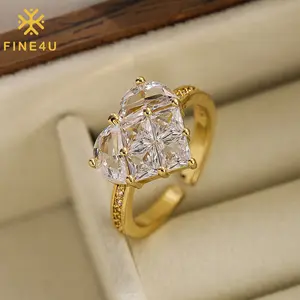 Gioielli di fidanzamento di nozze di alta qualità da donna placcato in oro rettangolo cuore CZ diamante anello regolabile in zircone