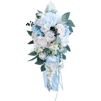 Buket bunga pernikahan buatan tetes air buket bunga sutra untuk pengantin, buket pengantin buatan mawar biru untuk upacara pernikahan