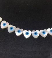 Perles en forme de cœur en coquillage naturel avec œil bleu et trou transversal et vertical pour accessoires de bijoux faits à la main