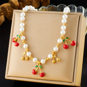 Cherry Pendant Beaded Necklace Women's Pearl Jewelry Everyday Wear Fruit Design N3345 - Product Image 1