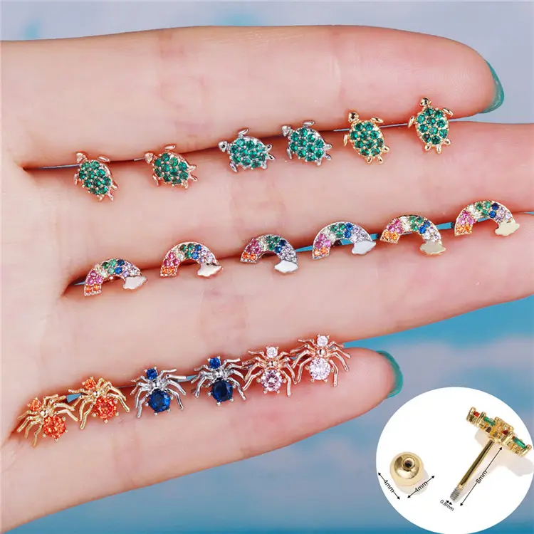 SP Korean Fashion Brass Small Zircon Earrings Jewelry Crystal Pave Setting Gold Plated Spider Screw Back Stud Earrings