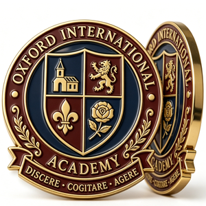 Insignia circular de aleación de zinc chapada en oro de la Academia Internacional de Oxford, con esmalte duro y grabado, artículo coleccionable. - Product Image 4