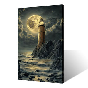 Arte Murale Moderna con Paesaggio Costiero, Stampa Digitale Ecologica, Paesaggio Marino Notturno con Onde Oceaniche - Product Image 3