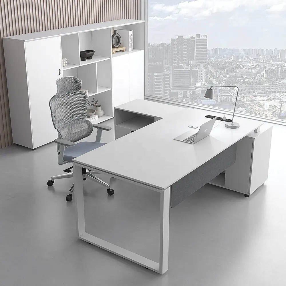 Prix pas cher Jieao série K couleur blanche meubles de bureau en forme de L bureau de directeur général table de direction avec armoire