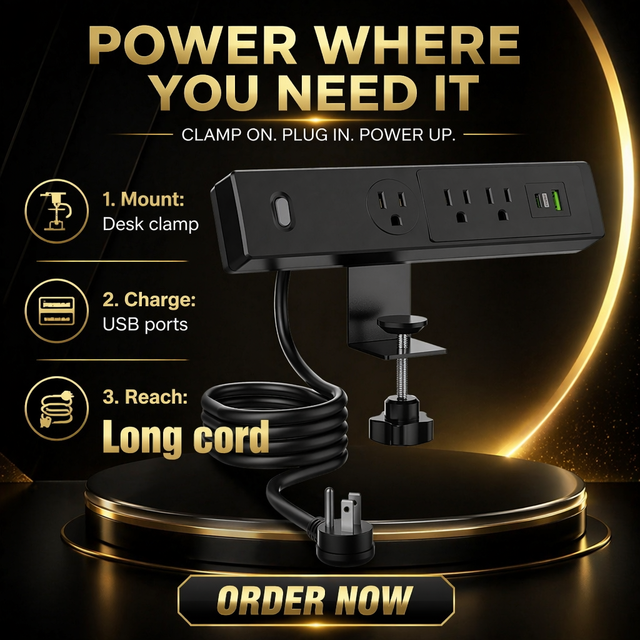 Black Desk Clamp Power Strip ETL Certified 15A Surge Protector 3 AC Outlets PD 20W USB-A/USB-C Fast Charging 1.8m Cable 110V 1