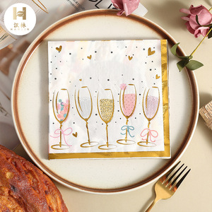 Hanlin Gold Embossed Paper Napkins 330mm Printed Wine Glass Design For Wedding Anniversary Birthday Party - Product Image 1