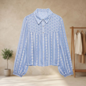 SHENZHU Primavera/Verano 2026 Camisa de Mujer de Corte Regular, Estilo Vintage, Sencilla, de Manga Larga, con Cuello y Estampado Calado - Product Image 3