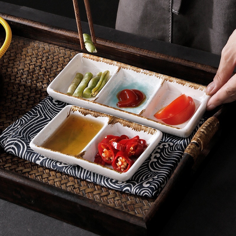 Plat à sauce soja en céramique à 3 compartiments pour sauce soja, apéritif, plat de service