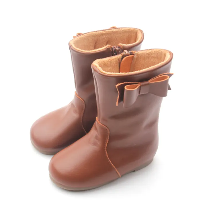 New Design Fashion Kids Flat Boots Brown Black Plush Knee High Boots Snow Shoes Children's Girls Winter Leather Warm Boots