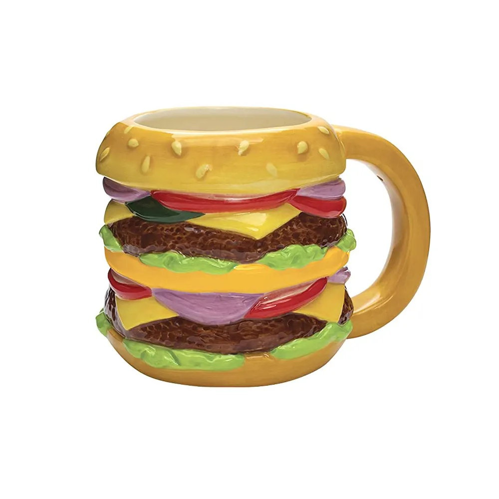 New Factory Custom shape 3D large big funny novelty Hamburger shaped creative ceramic coffee beer mug