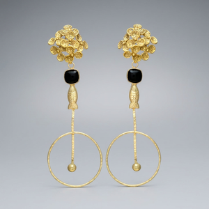 <b>Black</b> <b>Onyx</b> Gemstone Fish Design Gold Plated Dangle <b>Earring</b> With Flowers Stud - Product Image 2