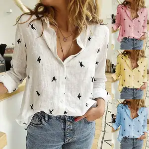 Frauen Vögel drucken lässig lose Hemden Langarm weibliche Bluse Tops Frühling Sommer Büro Damen Plus Size Shirt
