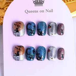 Uñas postizas de lujo acrílicas con estrellas y pedrería, negras, cortas, estilo ataúd, cobertura completa, hechas a mano, precio de fábrica al por mayor. - Product Image 1