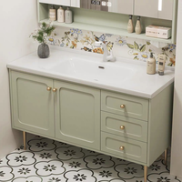 Meuble de salle de bain de luxe léger à la française, combinaison chêne et surface solide, vasque intégrée, lavabo sur pied
