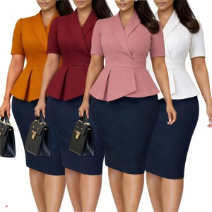 Robes de bureau élégantes pour femmes J3363 Boutique Summer Career, manches courtes, col en V, couleur contrastée, volants, robe africaine pour femmes - Product Image 1