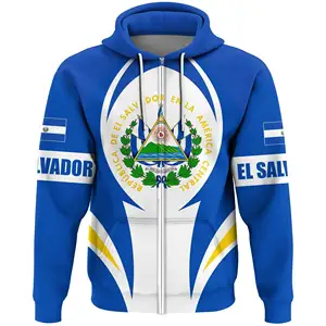 Grosir Oem Hoodie ritsleting pria Logo kustom pribadi Sweatshirt nyaman cetak Bendera El Salvador dengan jumlah pesanan Minimum