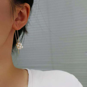 14K <b>Gold</b> Filled Handmade Threader <b>Earrings</b>, Natural Freshwater Pearl Cluster Flower Long Chain <b>Dangle</b> <b>Earrings</b> - Product Image 4