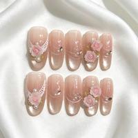 Faux Ongles Courts Ovales à Coller, Rose Fleur de Cerisier, Strass, Feuille Verte, Printemps 2026, Faits Main, 10 Pièces Ovales