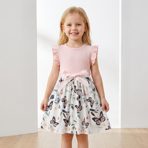 Girls Dresses Sleeveless <strong>Butterfly</strong> Print Ribbed <strong>Top</strong> with Flutter <strong>Sleeve</strong> for Summer Vacation - Product Image 1