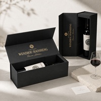 Boîte pliable rigide magnétique haut de gamme noire avec logo en feuille d'or pour l'emballage de bouteilles de vin et de spiritueux