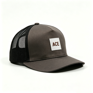 Two Tone Brown Front Fabric Black Mesh Back Character Y2K Trucker <b>Cap</b> Custom Leather Patch Logo Curved Brim 5 Panel Baseball <b>Hat</b> - Product Image 2