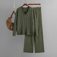 Ensemble Personnalisé de Pull et Pantalon pour Femme 2 Pièces, en Maille Torsadée avec Col en V, Coupe Ample et Motif Rayé, Manches Longues